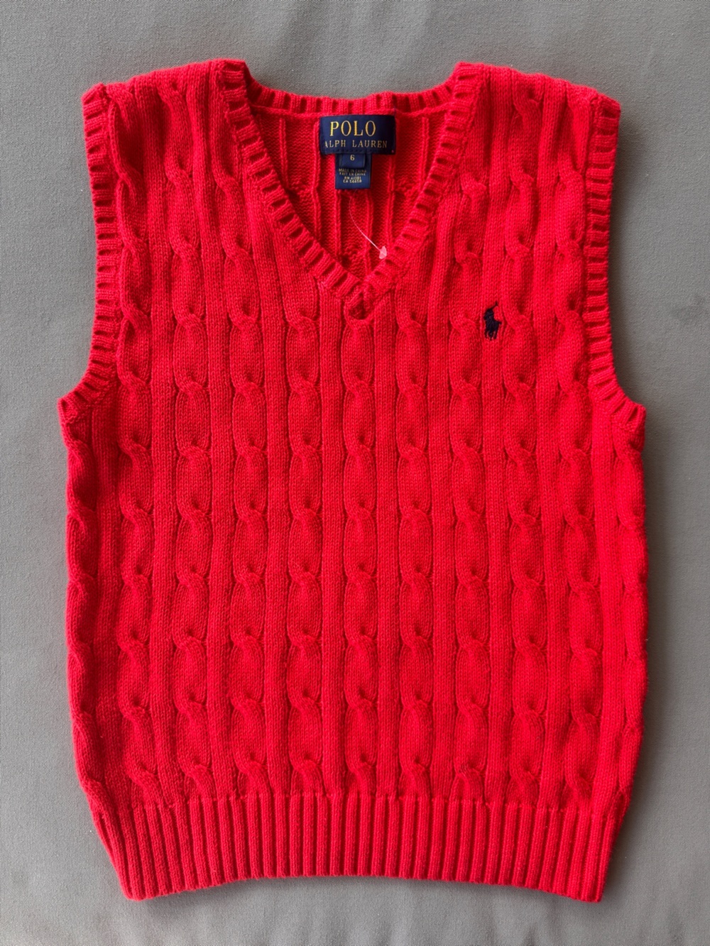 Polo Ralph Lauren Cable Knit Sweater Vest Red Cotton V-Neck Girls Size 6